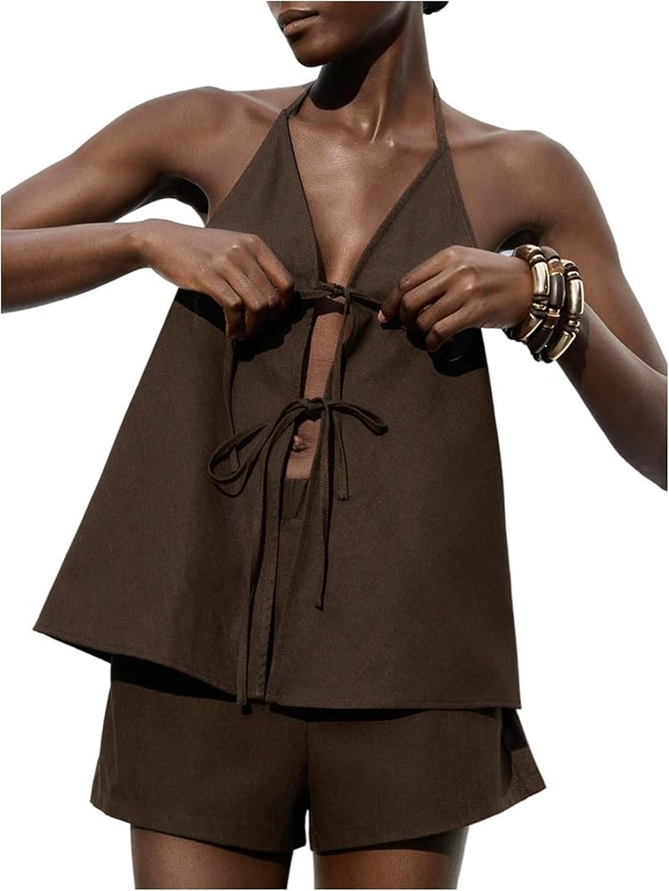 MakeMeChic Women's Summer 2 Piece Set Tie Front Halter Tops Linen Shorts Sets Vacation Outfits | Amazon (US)