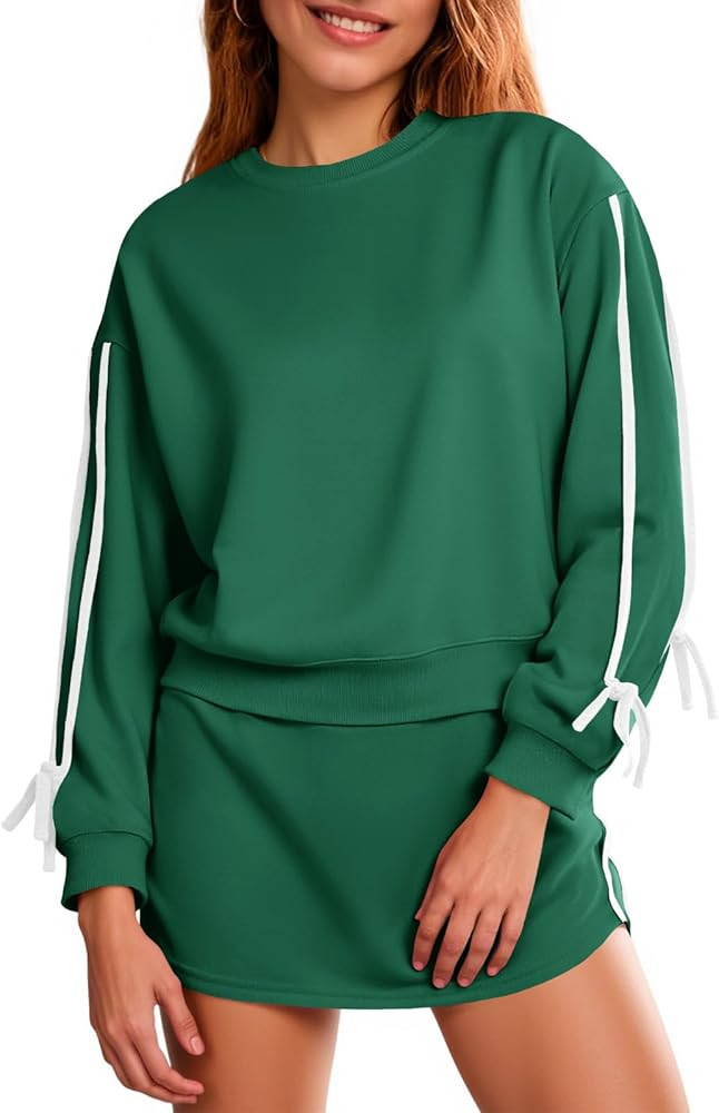 Fisoew Womens 2 Piece Outfits Casual Crewneck Tie Sweatshirt High Waisted Running Skort Skirts Wo... | Amazon (US)