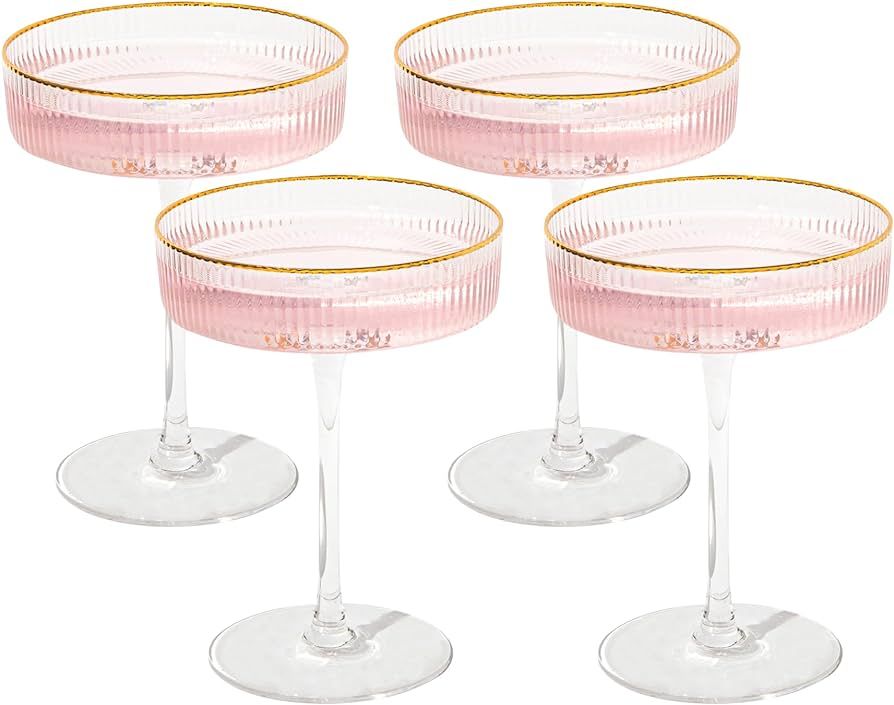 Crutello Champagne Coupe Glasses Set of 4, Gold Rim, 7oz Vintage Cocktail Glass, Ribbed Fluted Gl... | Amazon (US)