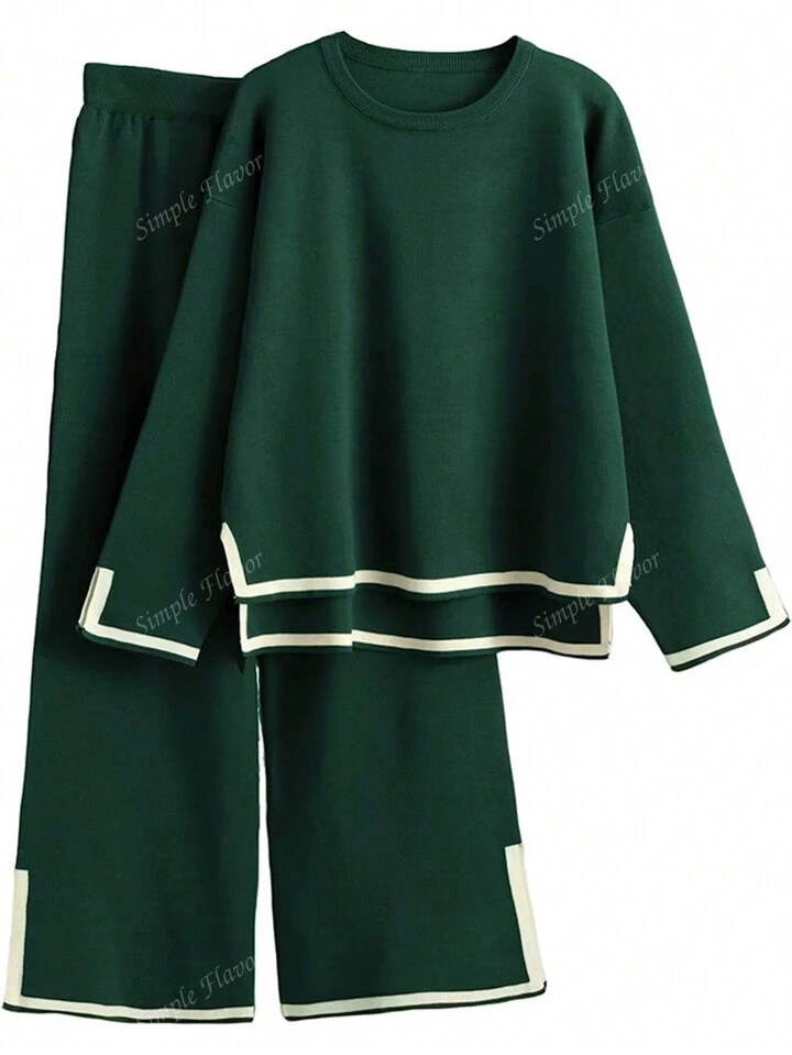 2pcs Women Casual Contrast Color Knit Sweater & Pants Set, Autumn/Winter | SHEIN
