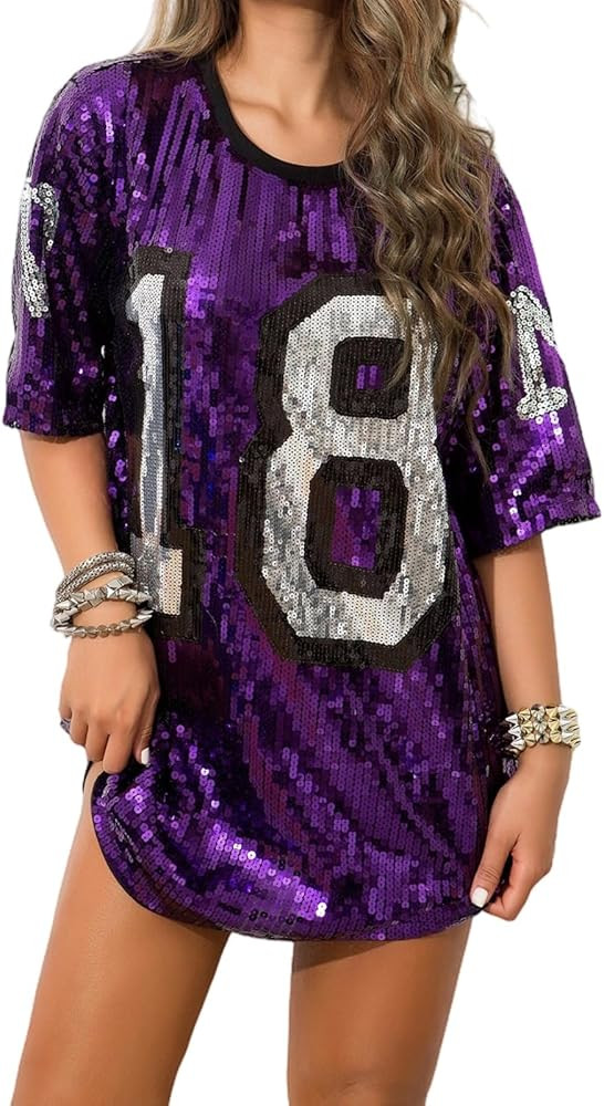 Women Sequin Shirt Mini Dress Short Sleeve Colorblock Letter Print Theme Party Sequined Top | Amazon (US)