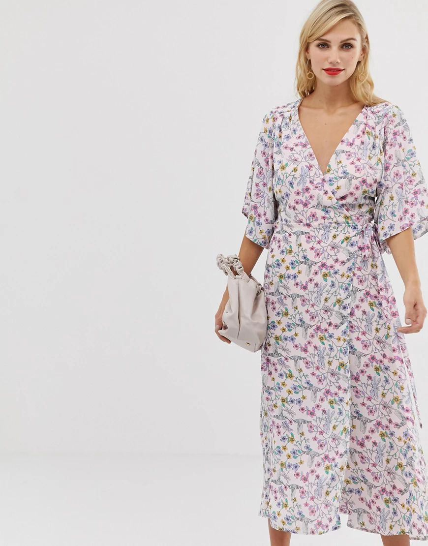 Liquorish floral maxi wrap dress with fluted sleeves-Multi | ASOS (Global)