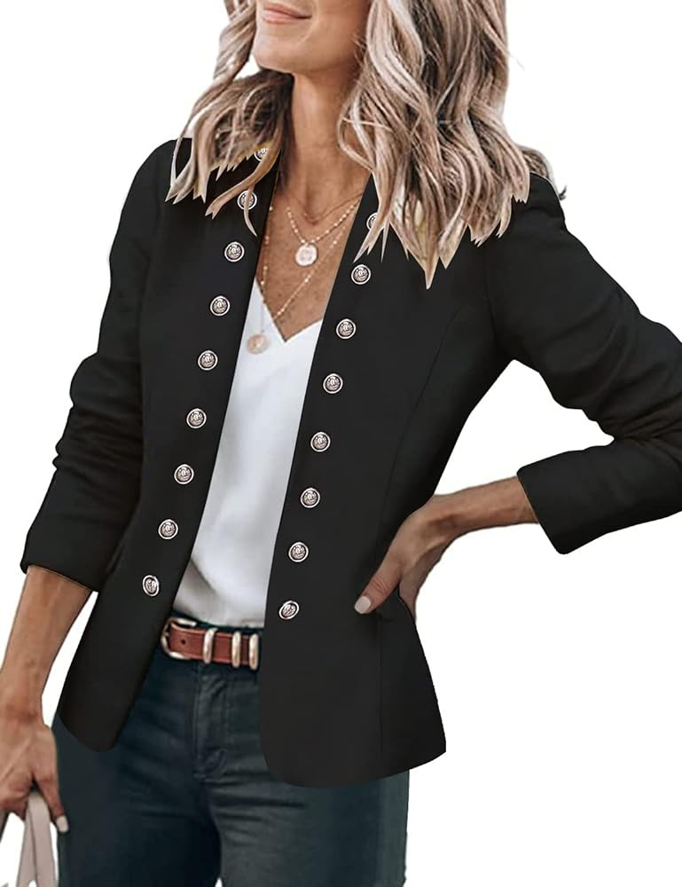 GRAPENT Women's Business Casual Buttons Pockets Open Front Blazer Suit Cardigan Army Green Size M... | Amazon (US)