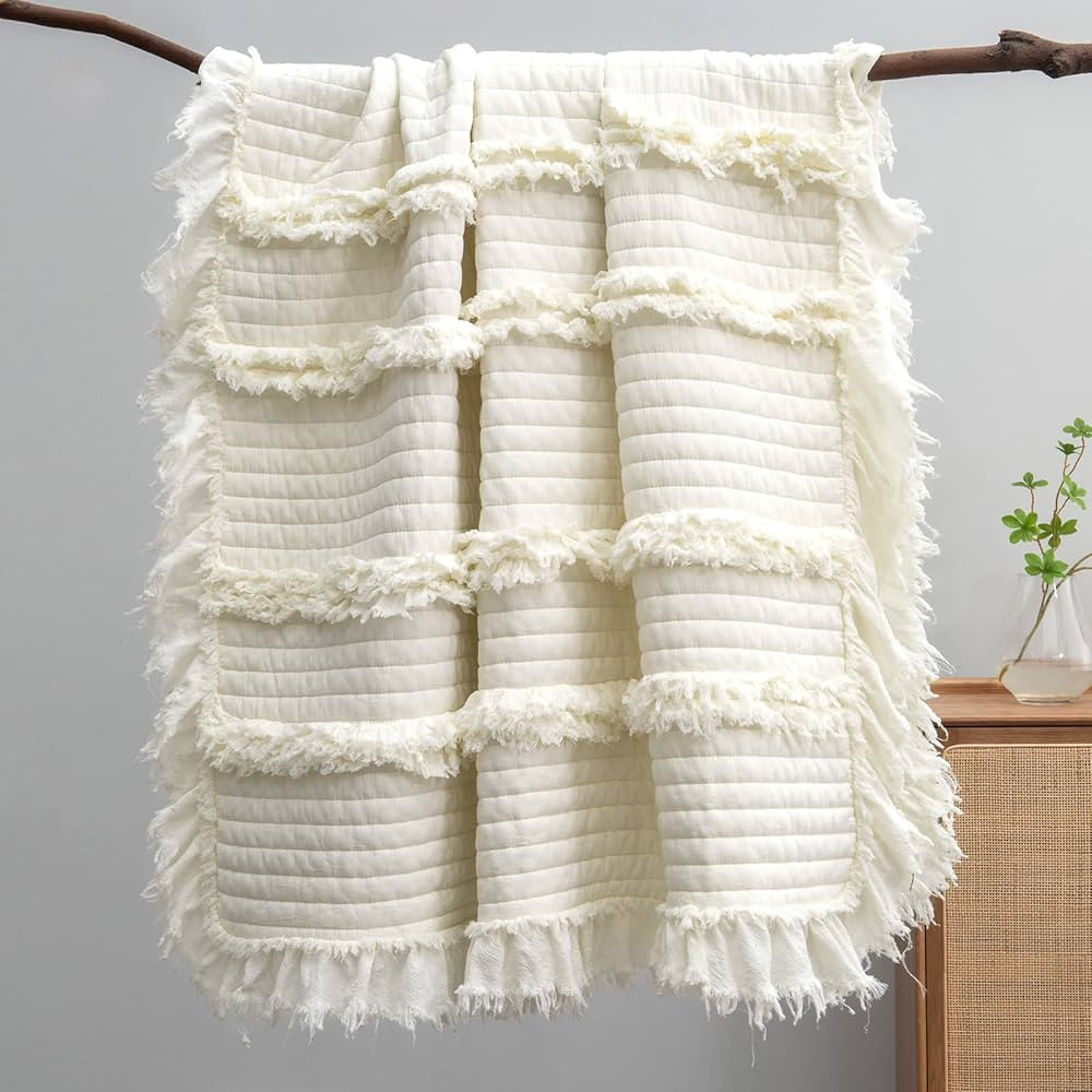 Ultra Soft Pre-Washed Warm Quilted Throw Blanket, Ruffle Fringed Cream Boho Decorative Throw, Sto... | Amazon (US)