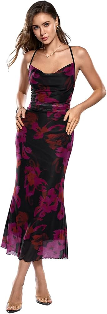 SOLY HUX Women's Floral Mesh Bodycon Cami Dress Cowl Neck Sleeveless Cocktail Party Wedding Guest... | Amazon (US)