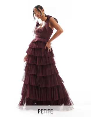 Lace & Beads Petite bow shoulder tiered tulle maxi dress in plum | ASOS (Global)