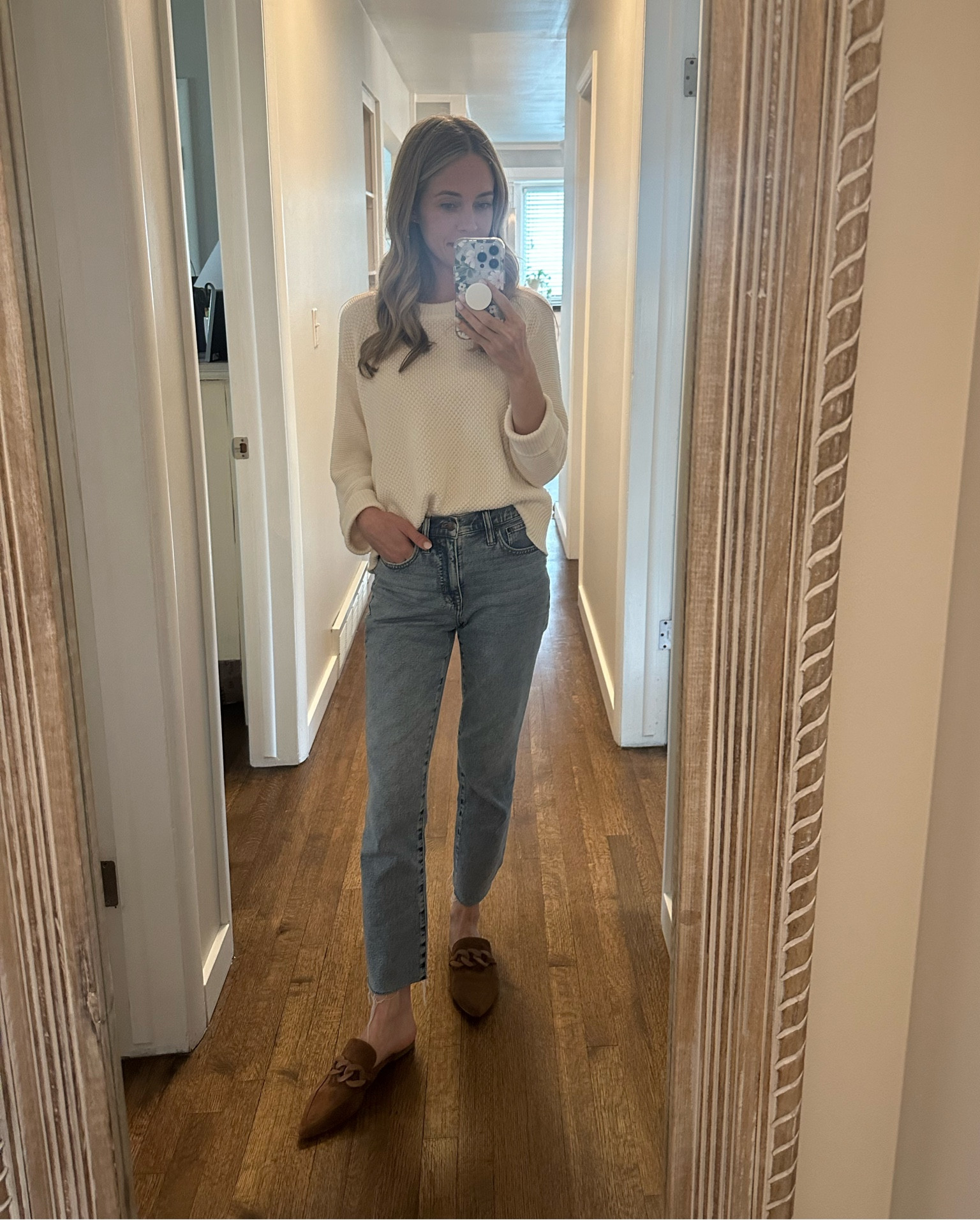 Easy spring outfit! 

XS in sweater, 24 in jeans. Brown mules are sold out but black ones are in stock!