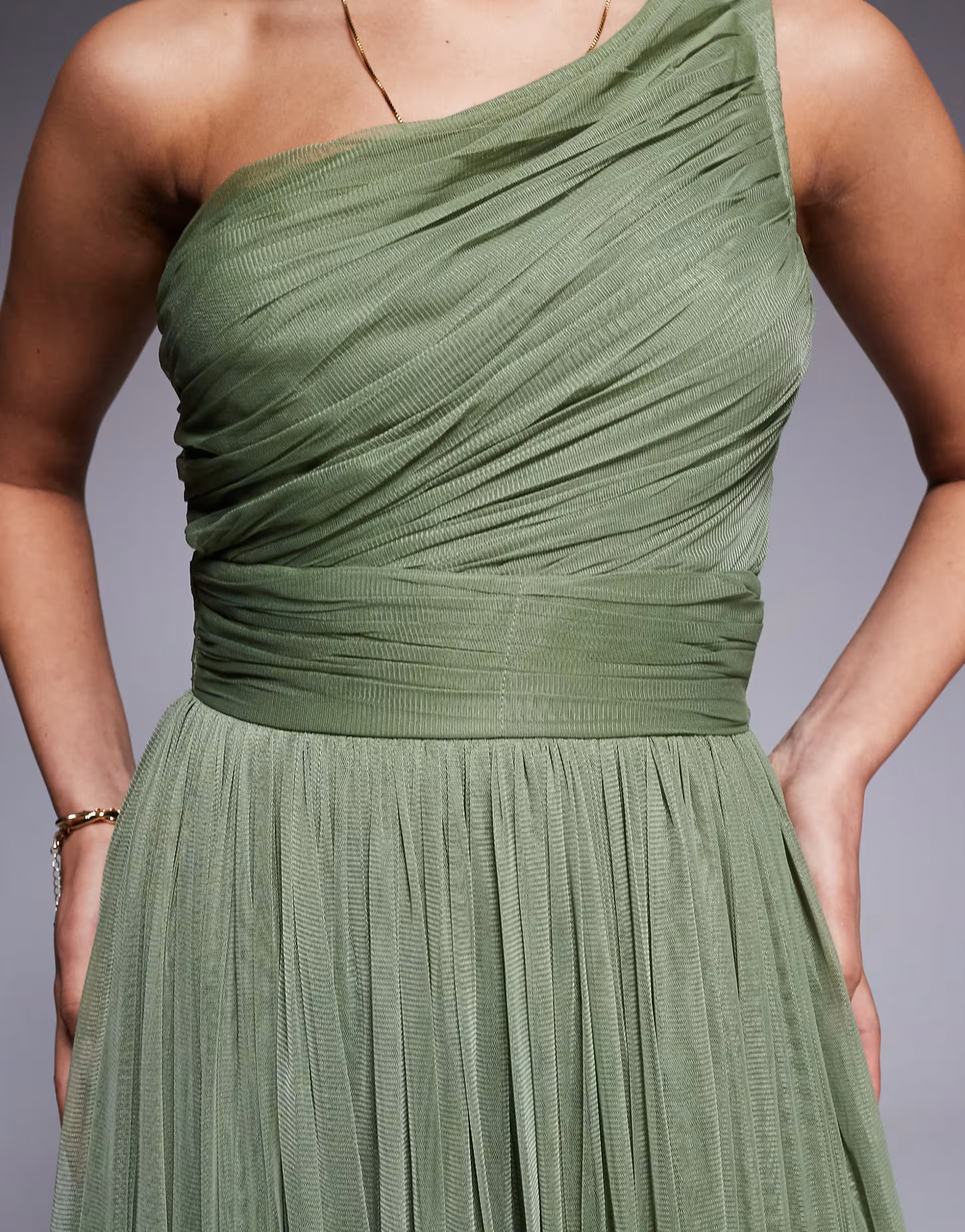 Lace & Beads Bridesmaid one shoulder maxi dress in soft olive | ASOS (Global)