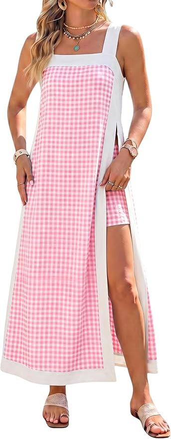 Women's 2 Piece Sets Casual Square Neck Color Block Sleeveless Plaid Maxi Dress Matching Shorts w... | Amazon (US)
