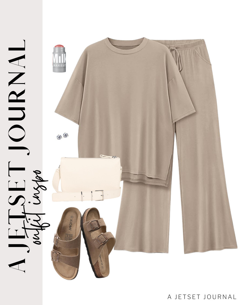 Let’s move on to our last outfit, which includes this light khaki oversized lounge set for a busy day on the move. This pair of KIDMI summer sandals, along with a minimalist Amazon Essentials crossbody bag, completes this look. Throw on your cubic zirconia stud earrings to add a bit of an accent before heading out. 

#LTKSeasonal #LTKSaleAlert #LTKTravel
 

 