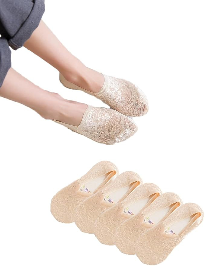 Women's No Show Socks, 5 Pack Lace Cotton Non Slip Flat Boat Invisible Low Cut Liners Sports Ankl... | Amazon (US)