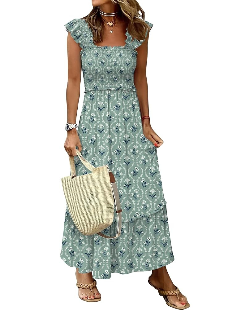 ANRABESS Womens Summer Sleeveless Maxi Dress Square Neck Smocked Boho Casual Ruffle Strap Flowy A... | Amazon (US)