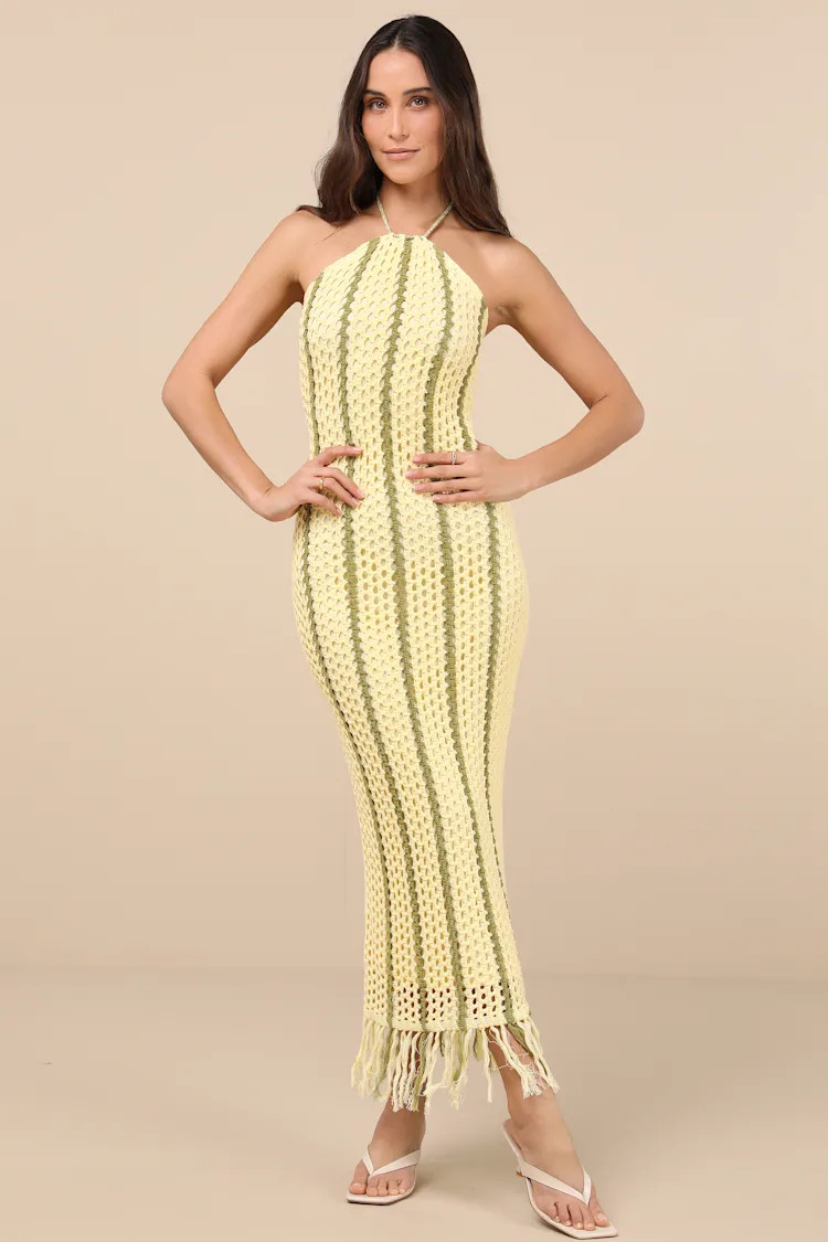 Hedia Yellow Striped Crochet Halter Fringe Midi Dress | Lulus