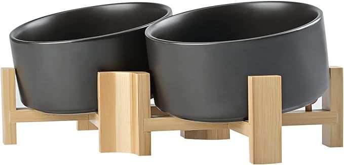 SPUNKYJUNKY 15° Slanted Ceramic Dog and Cat Bowl with Wooden Stand, Tilted Bulldog Food and Wate... | Amazon (US)