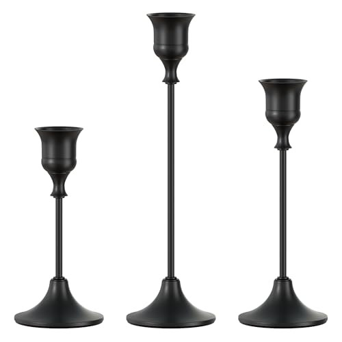 FSyueyun Black Candle Holder Set of 3, Elegant Metal Candlestick Holders for Vintage Taper Candle Holders, Perfect for Table Centerpieces, Fireplace Mantels, Home Decor, Weddings and Party Decorations | Amazon (US)