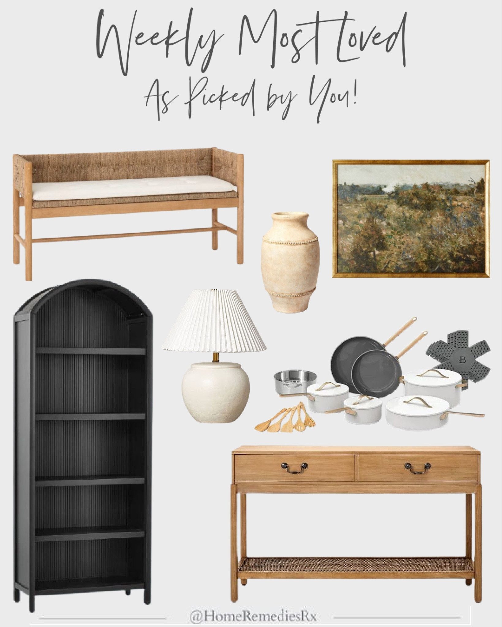 Weekly most loved- home decor, furniture, living room, family room, entryway, Hearth & Hand, Studio McGee, Threshold, Elden Wood Bench, seating, ceramic table lamp, framed landscape wall decor artwork, wall art, Beautiful cookware, pots & pans, Brandeis console table, sofa table, Grooved wood arched bookcase, bookshelf, modern farmhouse, transitional, cottage, lighting, Target, bedroom, guest room, den

#LTKhome #LTKstyletip #LTKFind