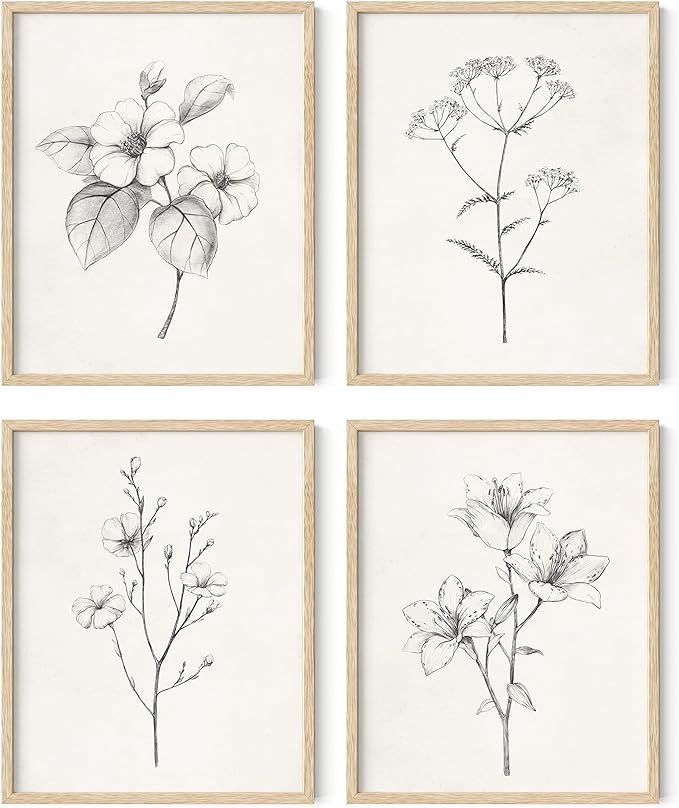 HAUS AND HUES Grey Floral Wall Art - Set of 4 Plant Posters for Wall Vintage, Botanical Prints, B... | Amazon (US)