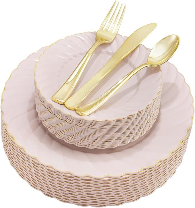 YOUBET 125Pieces Pink Plastic Plates with Gold Rim-Gold Plastic Silverware Include 25 Dinner Plat... | Amazon (US)