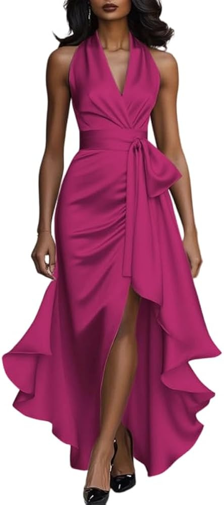 UOOZEE Women's Cocktail Evening Gown High Low Loose Ruffle Trim Tied Waist V-Neck Maxi Dresses | Amazon (US)