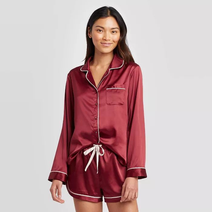 Women's Satin Long Sleeve Notch Collar Pajama Set - Stars Above™ Burgundy | Target
