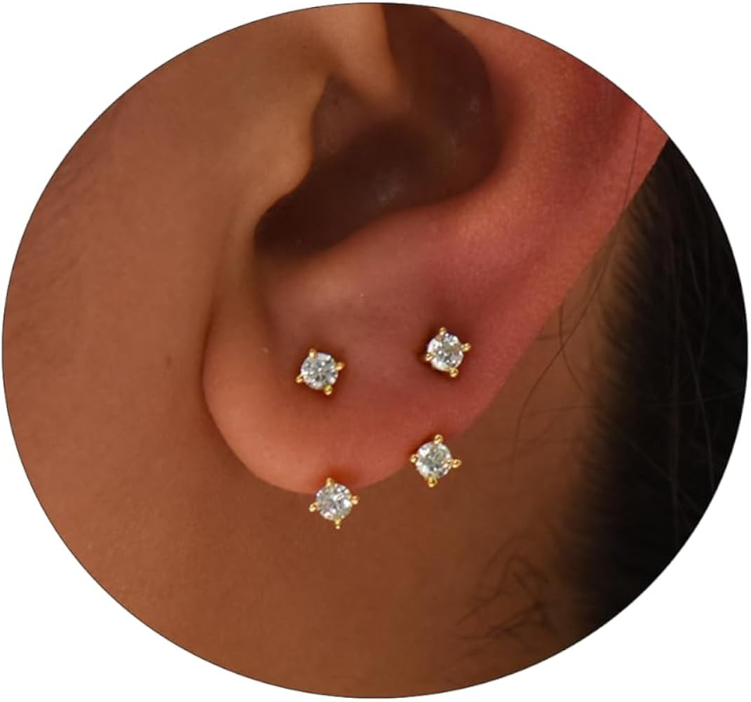 Solid 925 Sterling Silver Earrings Small 18K Gold Plated Stud Earrings for Women Trendy Hypoaller... | Amazon (US)