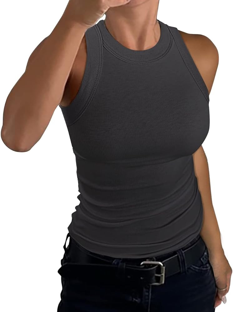 GEMBERA Womens Sleeveless Racerback High Neck Casual Basic Cotton Ribbed Fitted Tank Top | Amazon (US)