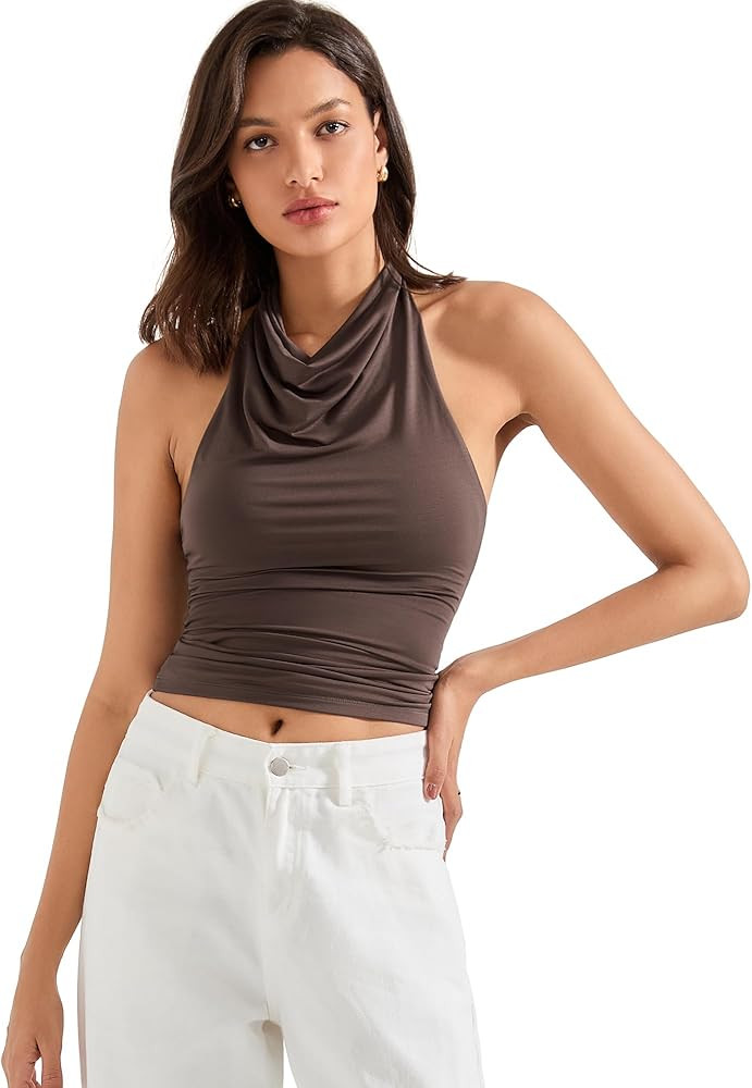 SUUKSESS Women Halter Backless Tank Tops Sexy Cowl Neck Summer Going Out Cami Tops | Amazon (US)