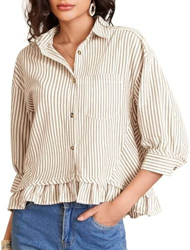 COZYPOIN Womens Striped Button Down Cotton Shirts Cropped Ruffle Hem 3/4 Sleeve Casual Collared B... | Amazon (US)