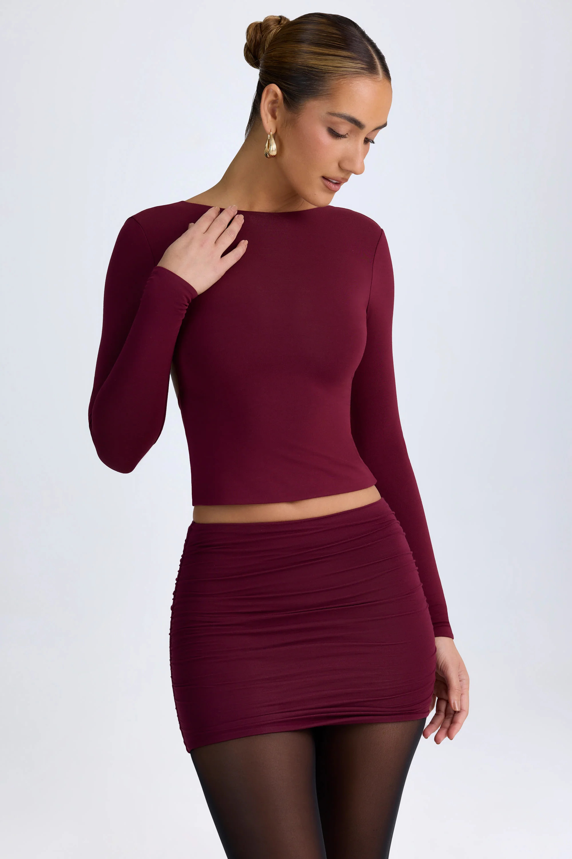 Modal High Neck Long Sleeve Open Back Top in Wine Red | Oh Polly