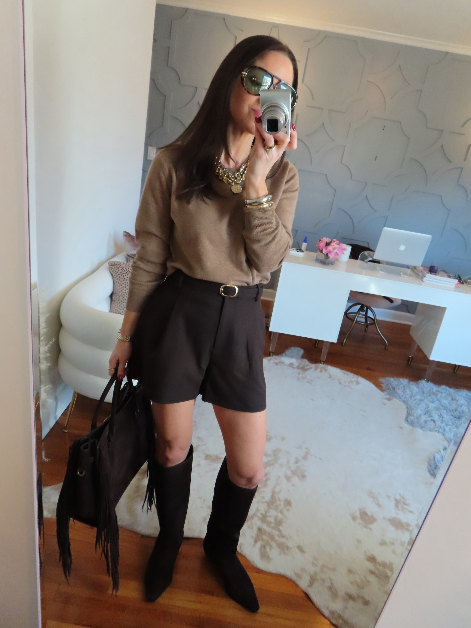 These shorts are amazingggg. True to size. As are the boots! Sized up a size. And the sweater is true to size!