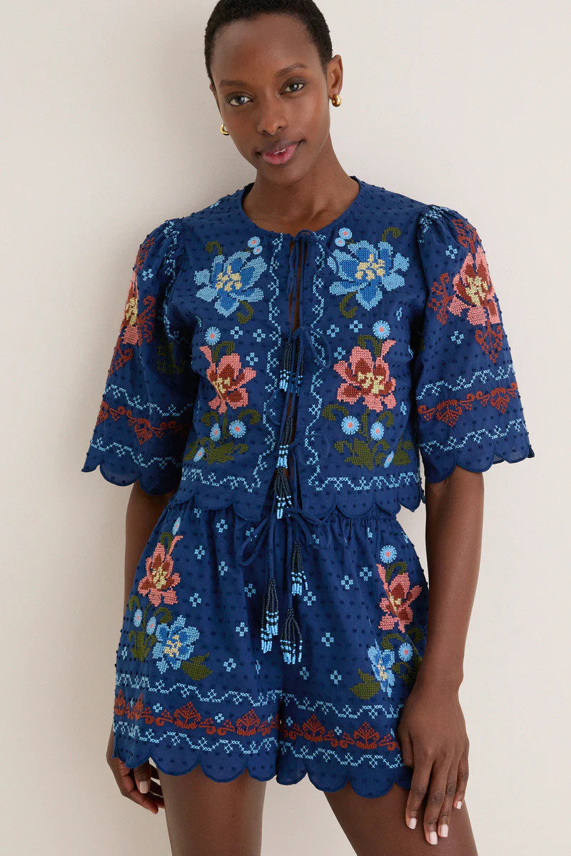 Stitched Garden Dark Blue Tie Front Blouse | Tuckernuck (US)