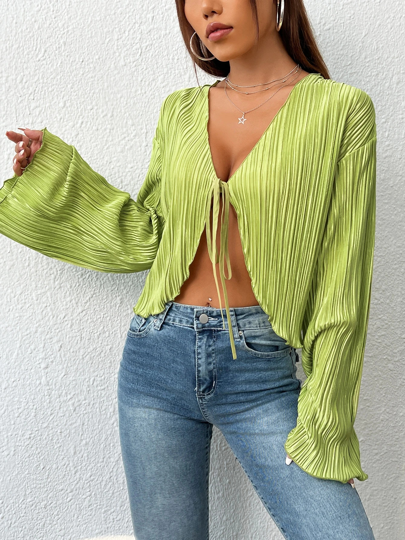 SHEIN Qutie Tie Front Flounce Sleeve Crop Blouse | SHEIN