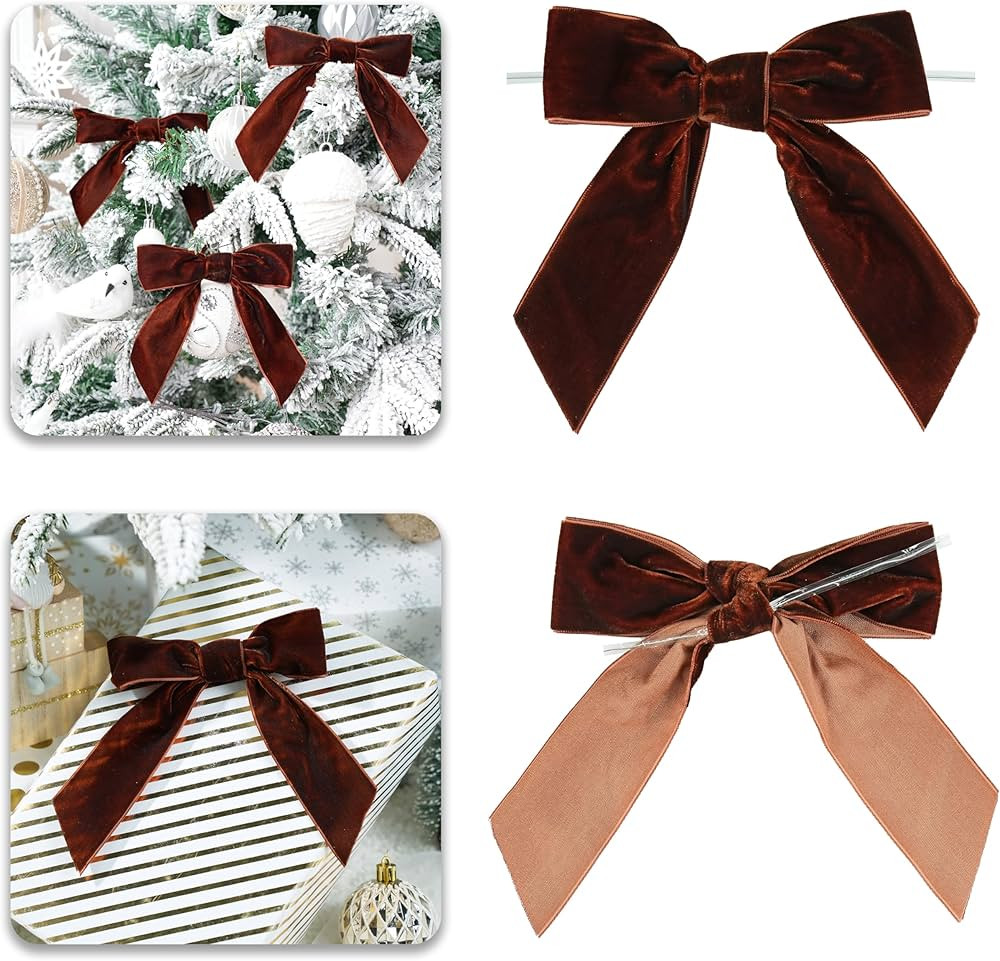 Brown Velvet Ribbon Christmas Bow 5 Inch Premade Brown Bows for Christmas Tree Hanging Decoration... | Amazon (US)