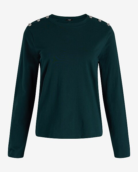 Skimming Cotton Crew Neck Long Sleeve Novelty Button Tee | Express