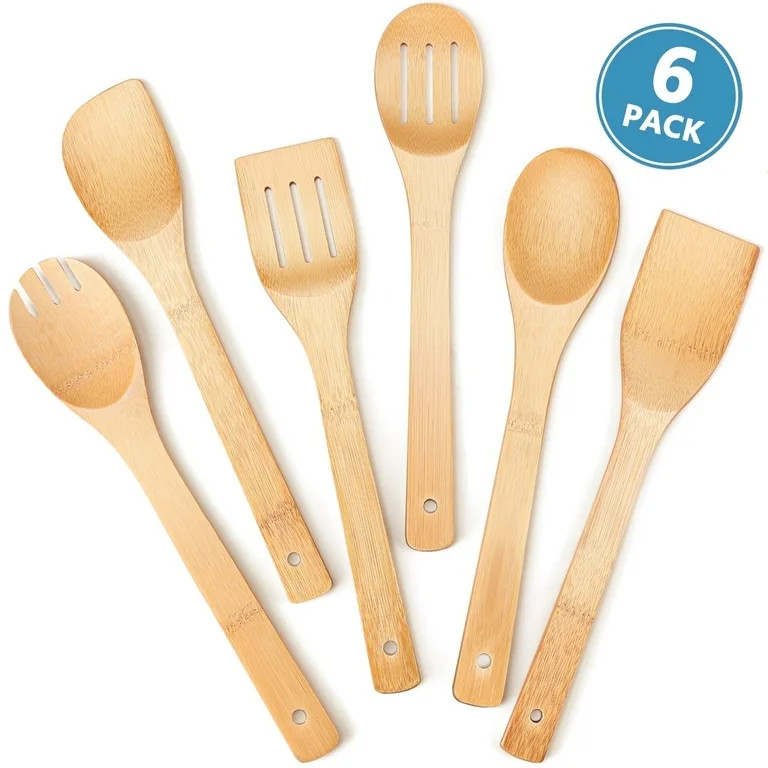 Wooden Spoons for Cooking, AOKIWO 6Pcs Banboo Spatula Spoon Tongs Utensils Set for Kitchen Cookwa... | Walmart (US)