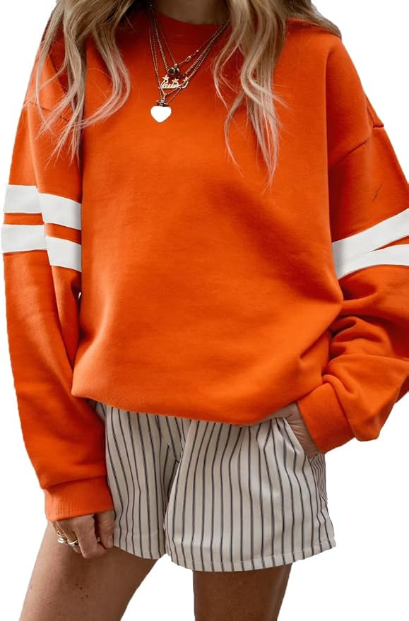 KevaMolly Women Varsity Striped Drop Shoulder Sweatshirt | Oversized Long Sleeve Pullover, Crew N... | Amazon (US)
