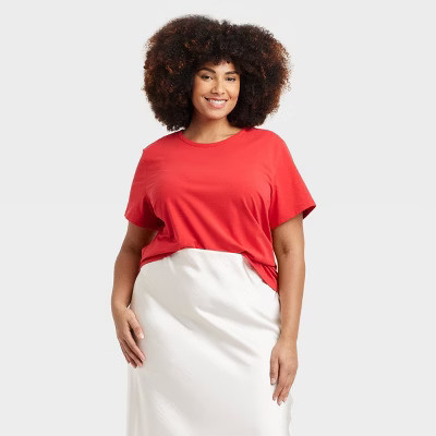 Women's Short Sleeve T-Shirt - A New Day™ Red 1X: Cotton-Spandex Blend, Crew Neck, Lightweight Jersey Fabric | Target