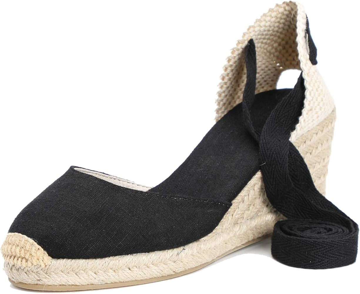 U-lite 3" Cap Toe Platform Wedges Sandals for Women, Classic Soft Ankle-Tie Lace up Espadrilles Shoe | Amazon (US)