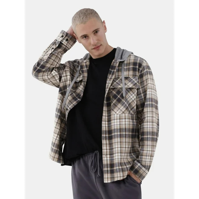 No Boundaries Hooded Flannel Shirt with Long Sleeves, Men's and Big Men's | Walmart (US)