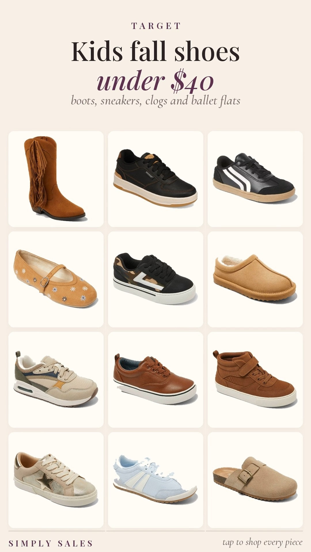 Target kids shoes are all under $40 right now, and half of them are $25.

The suede fringe boots are $35 and go with everything. Cheapest in the bunch are the sherpa clogs and the jogger sneakers at $20. There are also embroidered ballet flats, camo skate sneakers, cognac sneaker boots, and a buckle clog in taupe that looks way more expensive than it is.

Mostly Cat and Jack and art class, so the quality holds up to actual kids.

kids fall shoes, Target kids shoes, Cat and Jack shoes, art class shoes, kids sneakers, kids boots, kids fringe boots, toddler shoes, kids clogs, kids ballet flats, girls fall shoes, boys fall shoes, back to school shoes, affordable kids shoes, kids fall outfits, Target kids finds

#LTKKids #LTKmomlife #LTKSaleAlert