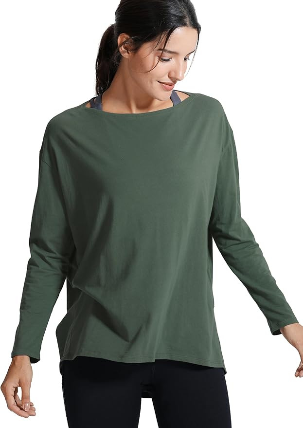 CRZ YOGA Pima Cotton Boat Neck Long Sleeve Shirts for Women - Workout Athletic Yoga Casual Tops L... | Amazon (US)