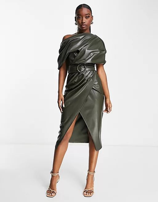 ASOS DESIGN fallen shoulder pu belted midi pencil dress in khaki | ASOS (Global)