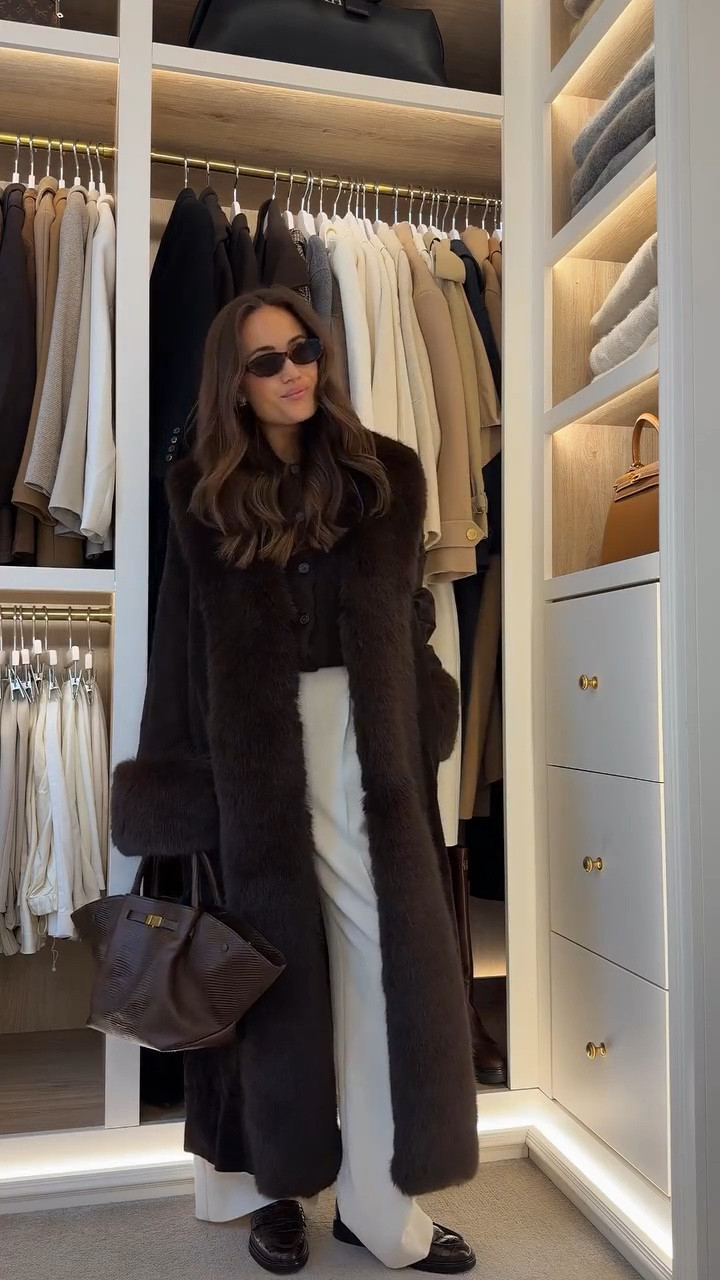 Get ready with me🤎 wearing a faux fur coat by de Savary London, a brown Ralph Lauren cable knit cardigan, Andiata tailored pants styled with my favorite brown accessories 

#LTKstyletip #LTKwinter