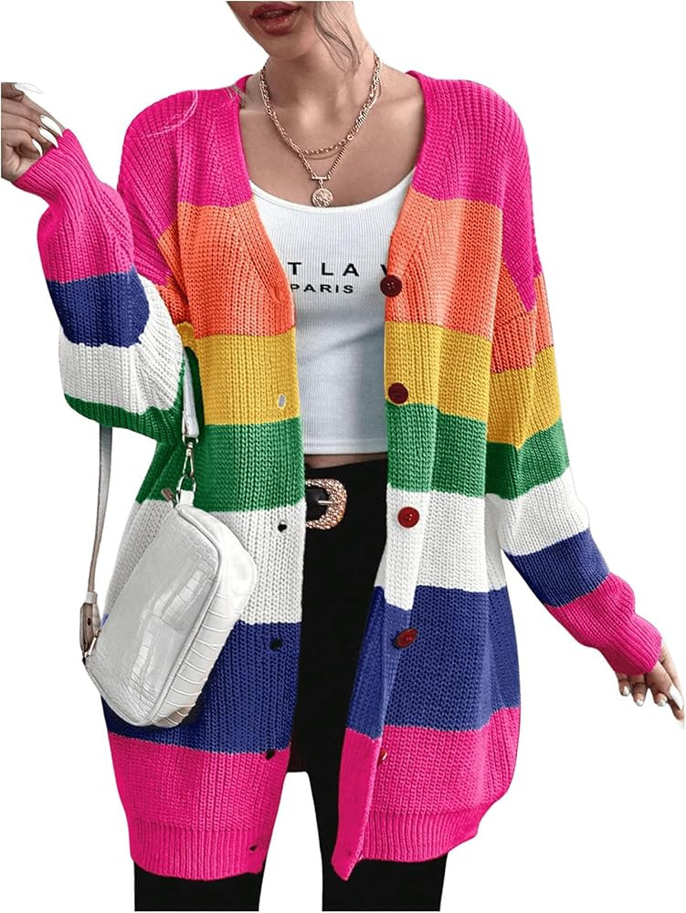 Floerns Women's Rainbow Striped Print Button Front Long Sleeve Cardigan Sweater | Amazon (US)