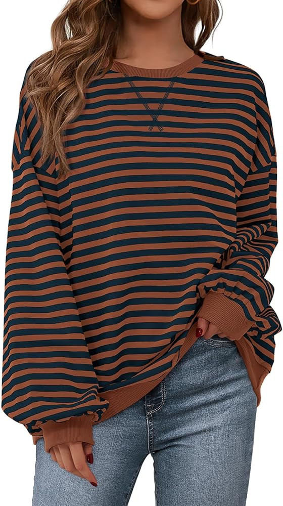 PRETTYGARDEN Womens Striped Oversized Sweatshirt Color Block Crew Neck Long Sleeve Casual Loose P... | Amazon (US)