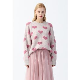 Contrast Color Fuzzy Hearts Knit Sweater | Chicwish