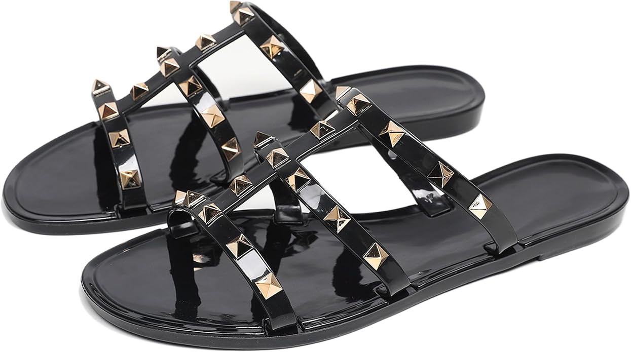 Studded Sandals for Womens Jelly Shoes Flats Stud Slides Slip On Ladies Dress Black Jellies Slipp... | Amazon (US)