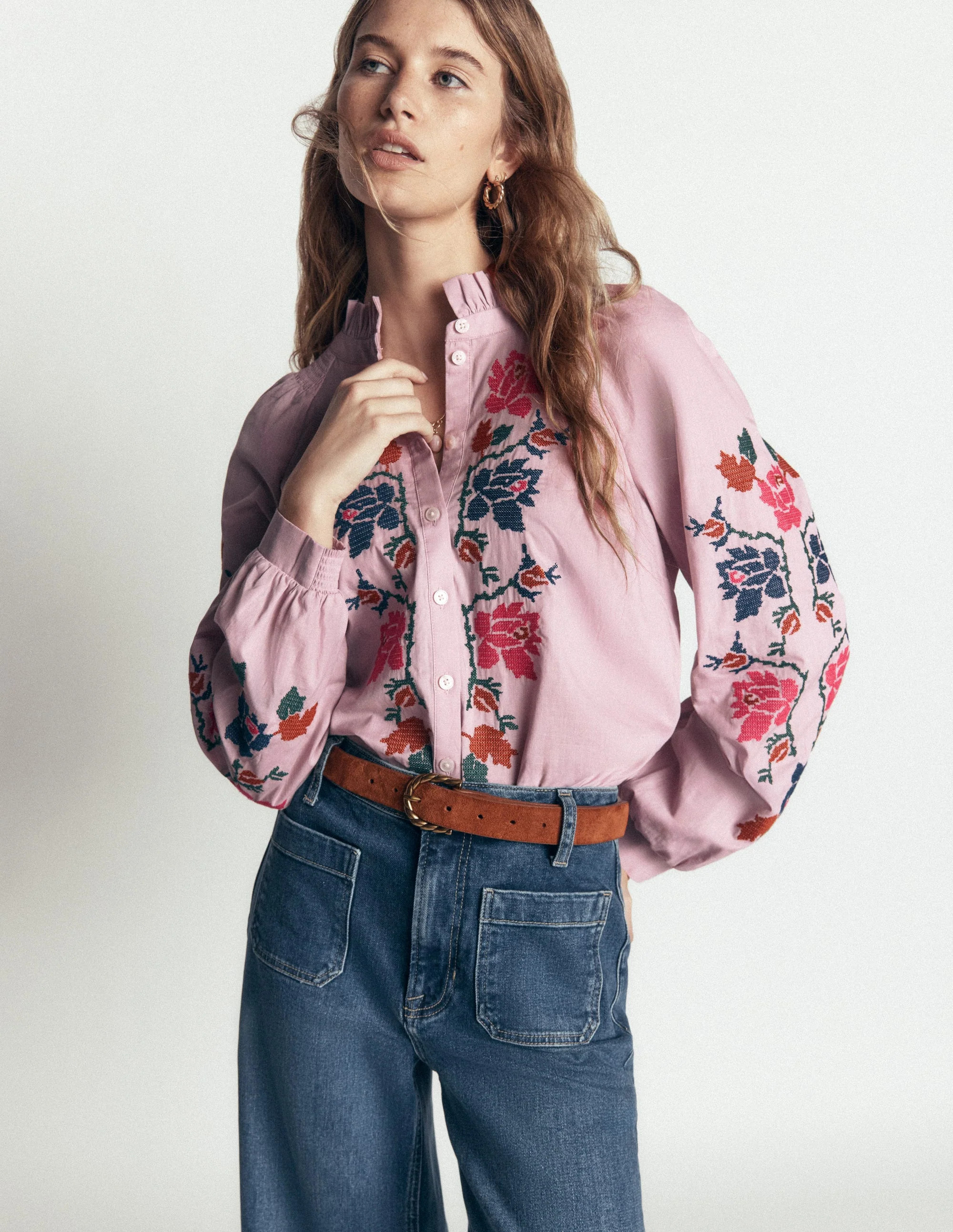 Erica Cotton Frill Top-Soft Pink, Embroidered Floral | Boden (US)