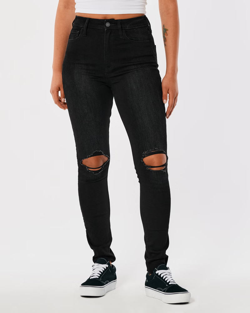 Ultra High-Rise Ripped Black Super Skinny Jeans | Hollister (US)
