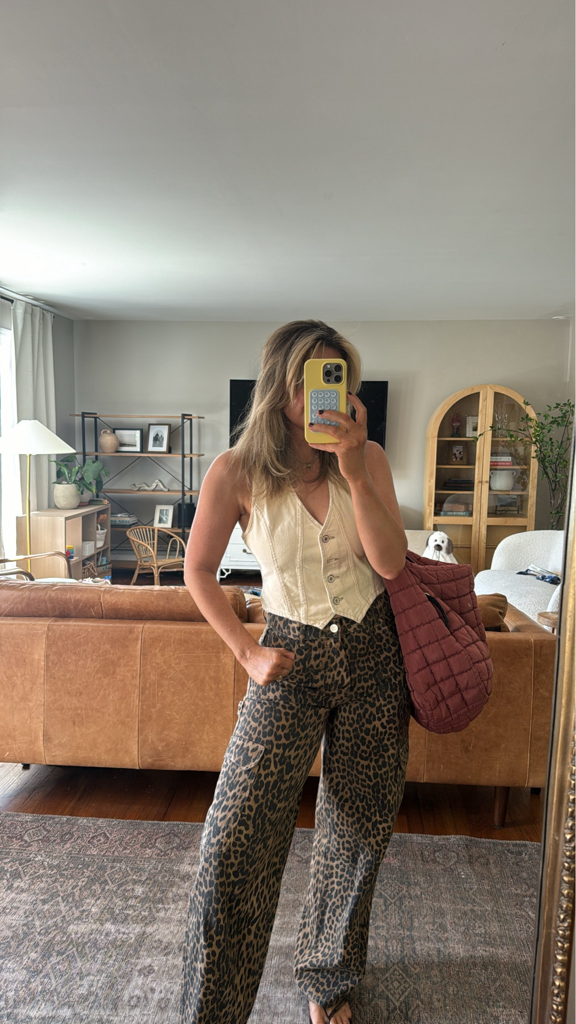 These are the damson madder leopard cargo pants! They are a size 12 uk which is a 8 in us!

Love the free people leopard pants too so linked and going to size up 1-2 

Vest is a size small but could do medium. 